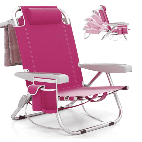 Beach Chair, Foldable Backpack Chair with 5 Adjustable Position, Cup Holder, Storage Pockets, Straps, Towel Rack, Pillow, 330lbs Aluminum Lay Flat Chairs for Outdoor Camping, Pink