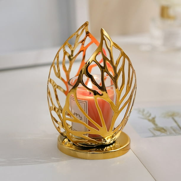 Candelabro de metal | Candelero de hojas huecas | Portavelas de hierro decorativo para bodas, salas de estar y hogar | Acabado dorado y negro | Centro de mesa romántico