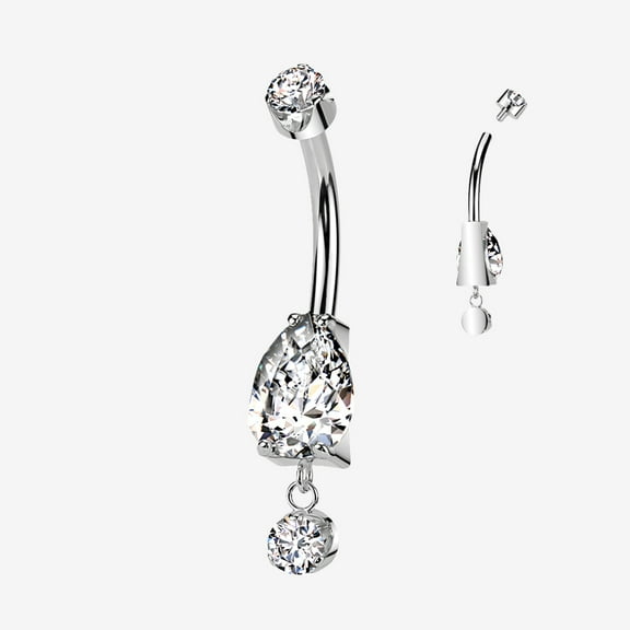 BM25 Implant Grade Titanium Teardrop Sparkle Dangle Internally Threaded Belly Button Ring-Clear Gem