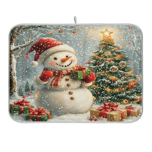 Snowman with Christmas Tree Dish Drying Mat 16x18 Absorbent Microfiber Draining Rack Pad for Kitchen Counter Sink