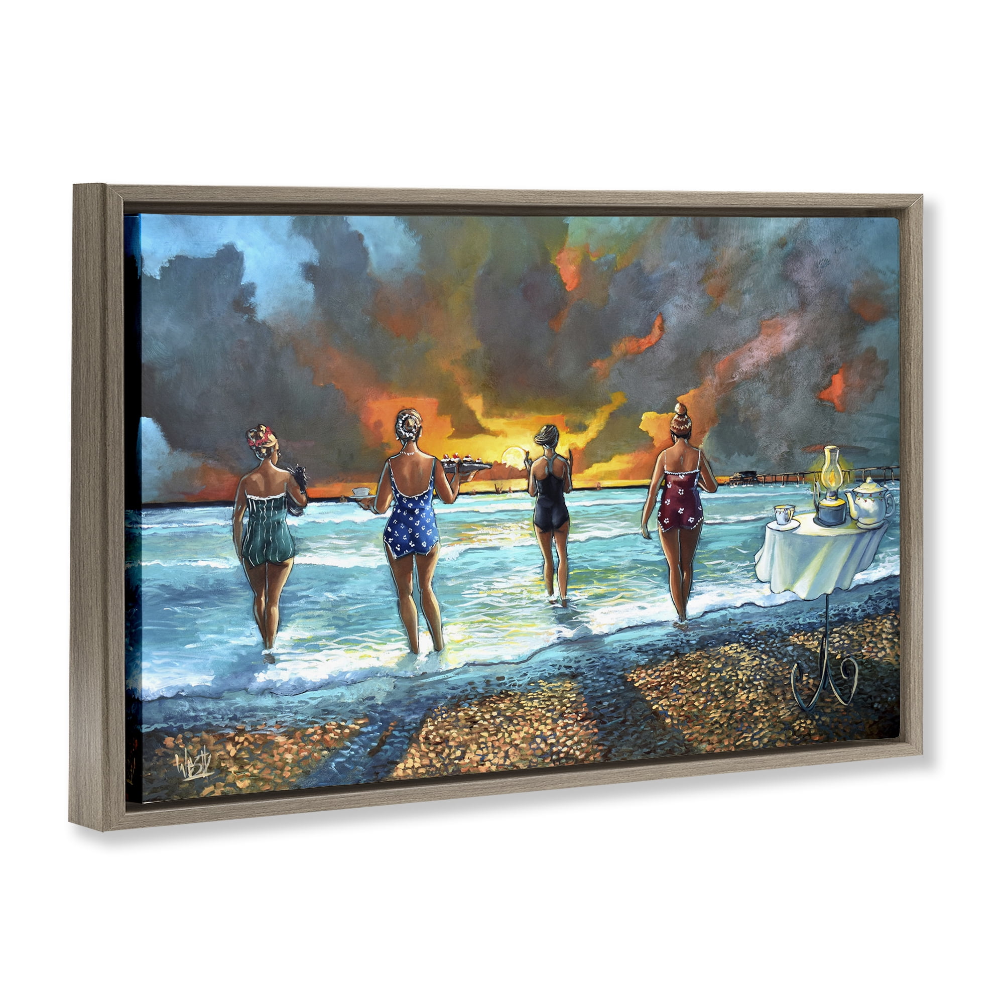 Stupell Industries Elegant Ladies on Beach Novelty Painting Brown Floater Framed Canvas Art Print Wall Art, 25 x 17