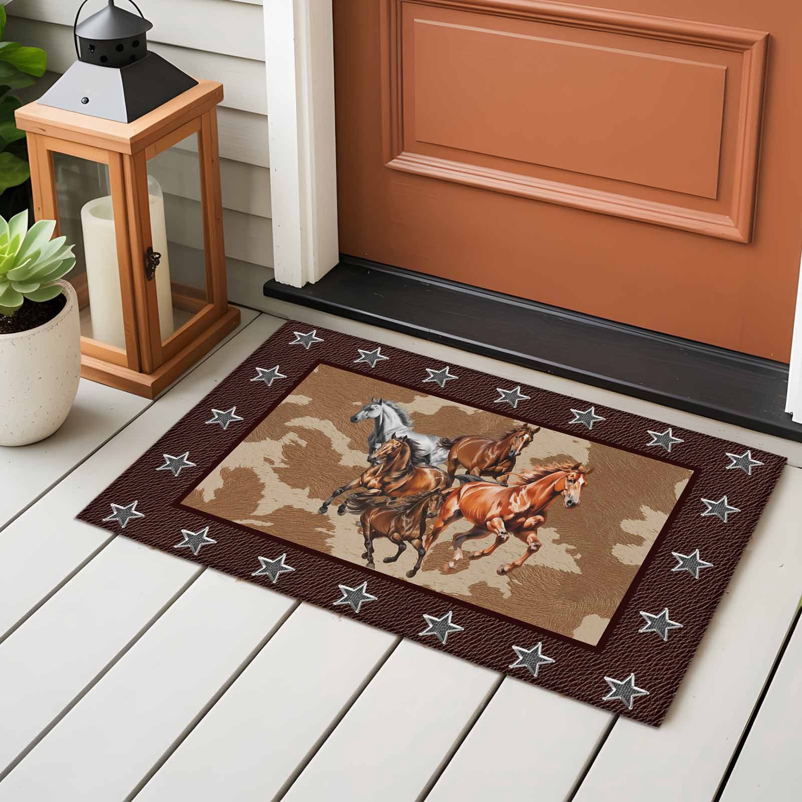 Brown Retro Horse Entryway Rug 2'x3'&nbsp; Non Slip Front Door Mats, Vintage Western Stars Country Entrance Rugs Indoor Outdoor Carpet, Washable Floor Mats Small Area Rug for Bedroom Kitchen