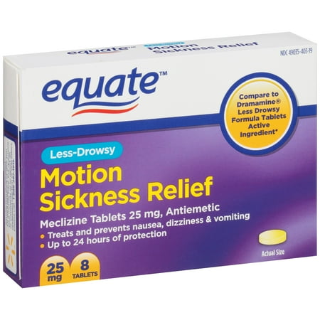 equate Moins somnolents Maladie Comprimés Soulagement de mouvement, 25mg, 8 count