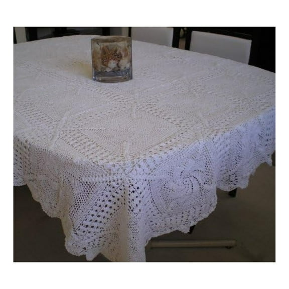 100% Cotton Handmade Crochet Table Cloth White 60x84 Oblong