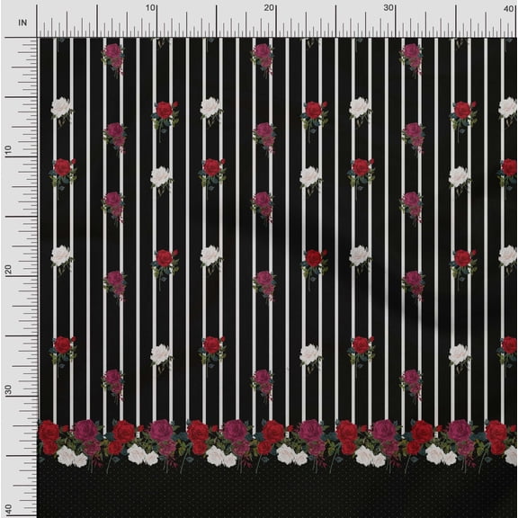 Soimoi Cotton Voile Fabric Stripe & Rose Panel Decor Fabric Printed Yard 42 Inch Wide
