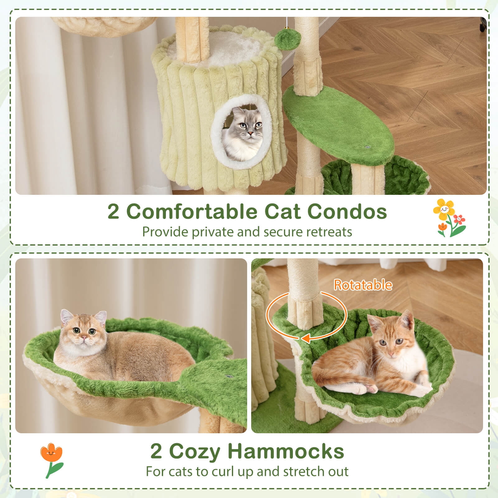 Infans 63" Tall Cat Tree w/ 2 Condos Plush Padded Top Perch 2 Hammocks 2 Dangling Balls