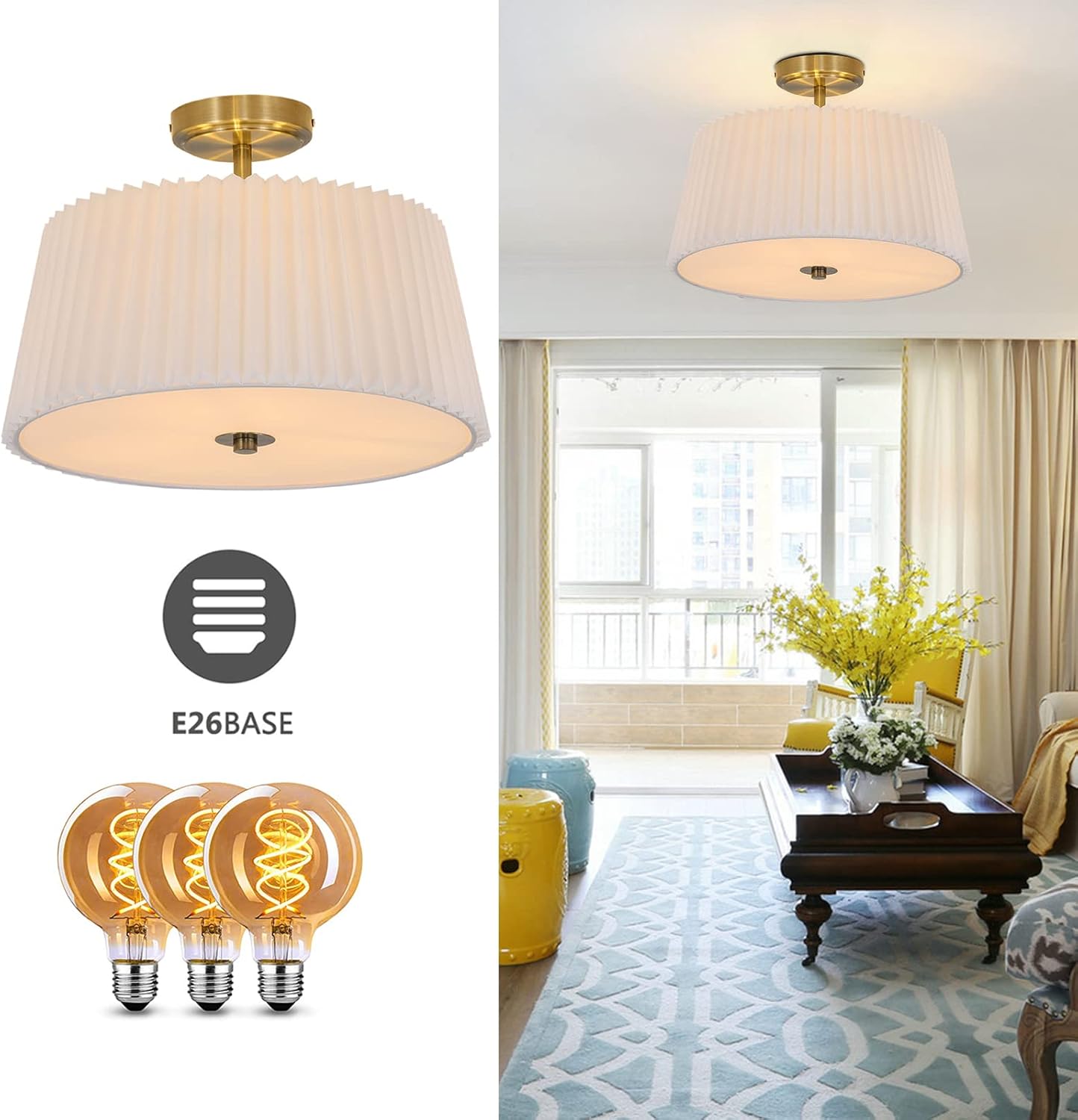 Miumaeov Semi Flush Mount Ceiling Light Fixture Gold Modern Close to Ceiling Lamp with White Fabric Shade  Farmhouse Brass Ceiling Light