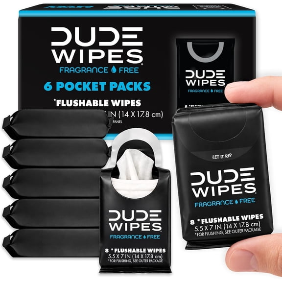 DUDE Wipes Pocket Packs Flushable Wipes, Extra Large Fragrance Free Wet Wipes, 8 Count, 6 Pack, 48 Total Wipes