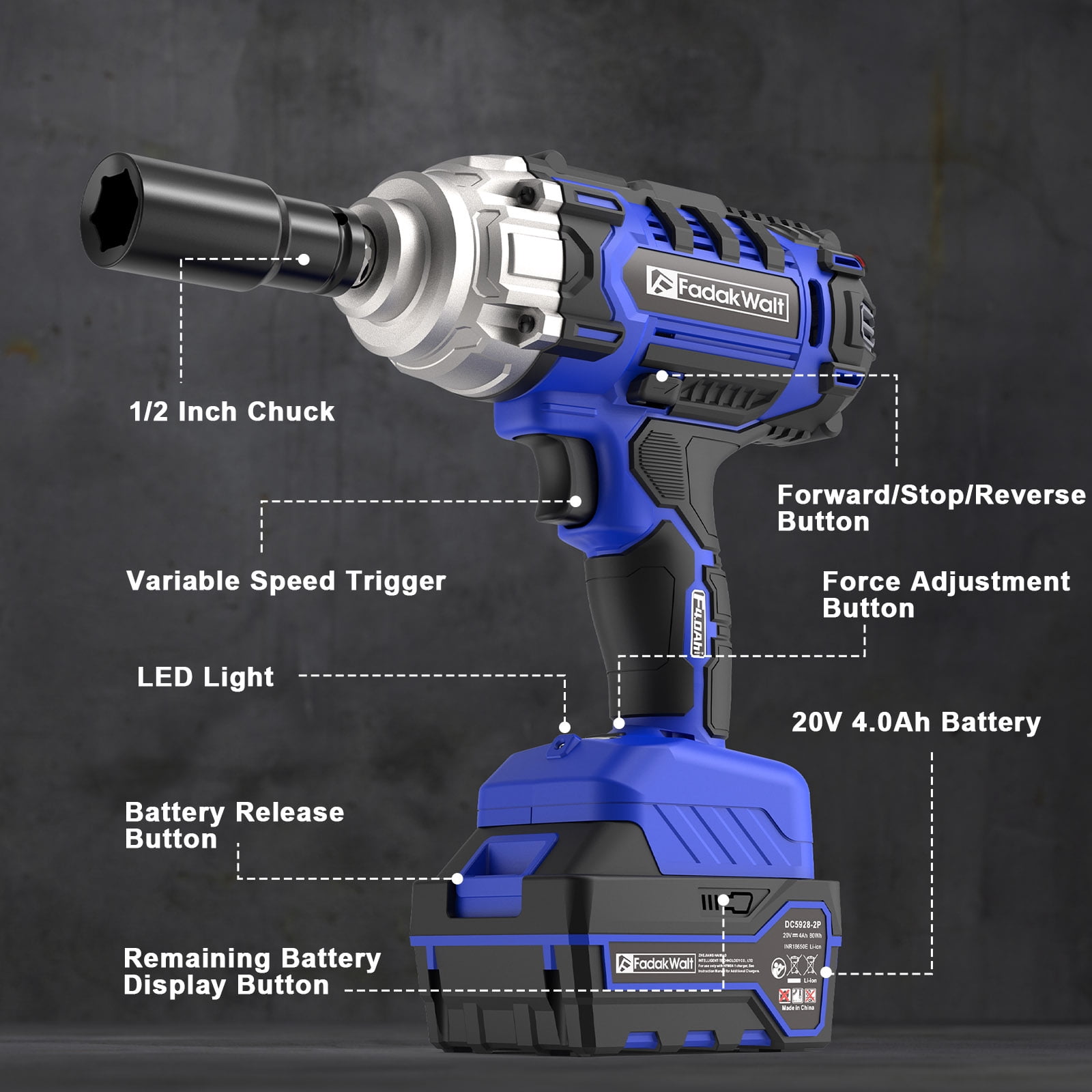 20V Cordless Impact Wrench/Driver, 1/2＂ 400 N·m High Torque 2300 RPM, Brushless with 5 Modes & LED. Kit with 3.0Ah Battery, Fast Charger, 4 Sockets for Automotive and DIY Repair (Blue)