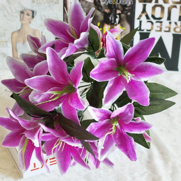 Fake Lily Artificial Flower 10 Heads Artifical Lily Flowers, Long Stem Artificial Stargazer Lilies with 10 Heads Full Bloom Lily Bouquets for Home Hotel Flower Arrangement Party Decor