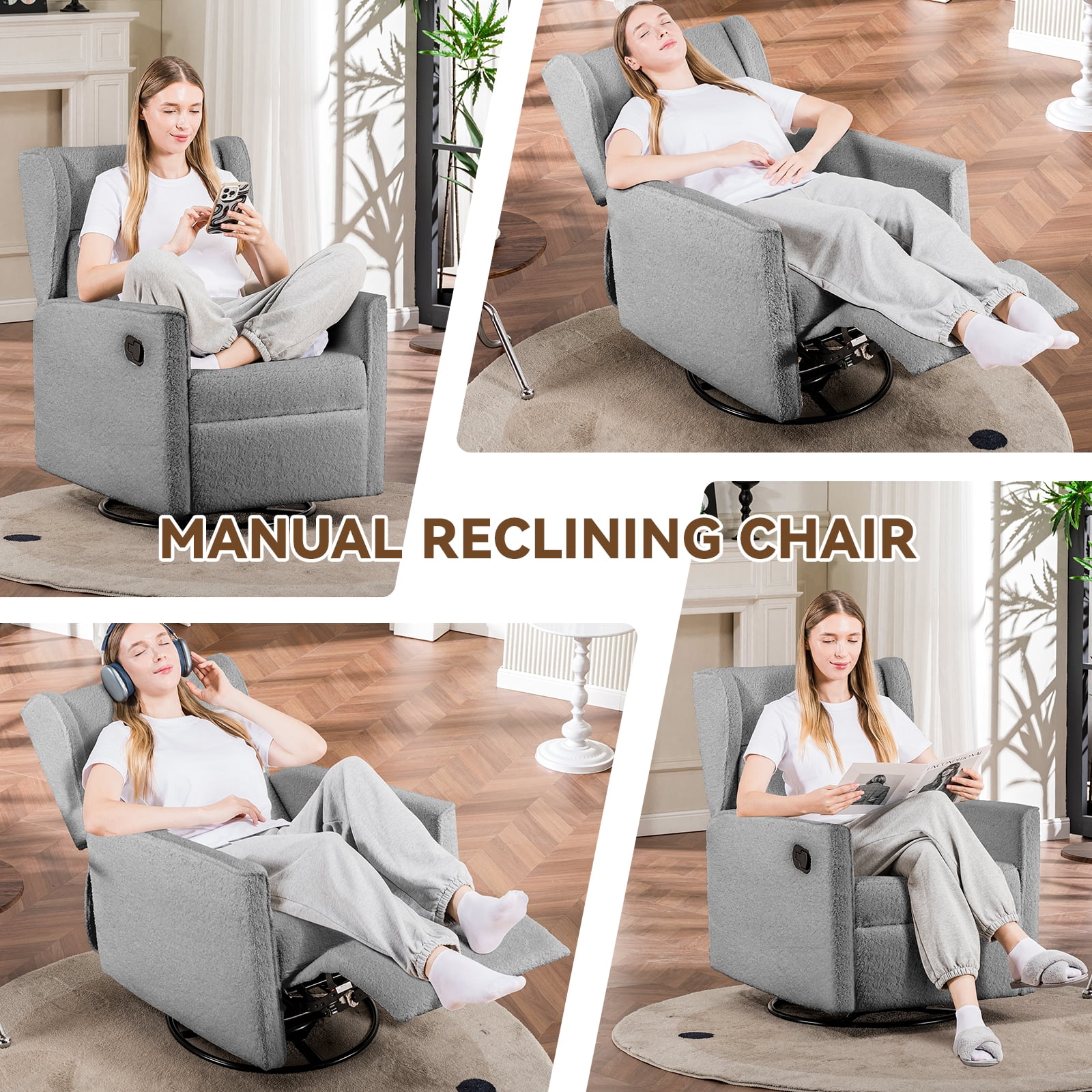 COMHOMA Nursery Rocking Chair Teddy Upholstered Swivel Rocker Recliner Manual Glider Reclining Chair for Living Room Bedroom Offices,Grey