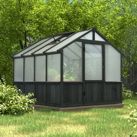 VEIKOUS 8' x 8' Cedar Wood Greenhouse, Walk-in Garden House Polycarbonate with Adjustable Vent & Lockable Door, Black