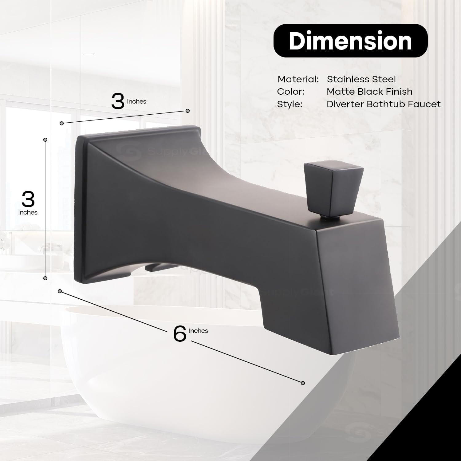 SUPPLYGIANT™ Tub Spout with Diverter 6" Square Bathtub Faucet with Decorative Matte Black Finish