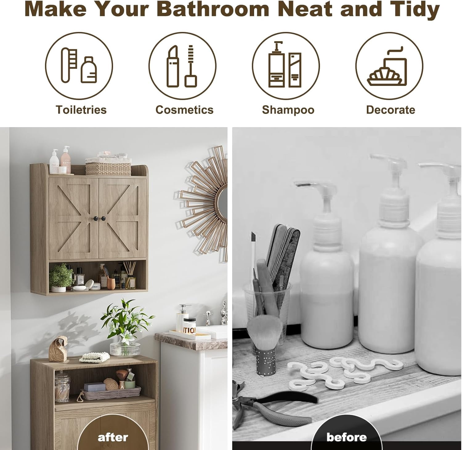POAO Bathroom Wall Storage Cabinet, Wooden Medicine Cabinet with Adjustable Shelves and Double Barn Doors, Over The Toilet Storage Cabinet, Oak Grey