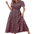 thumbnail image 3 of Femmes Bouton vers le Bas Midi Robe Manches Courtes Robe de Soleil Imprimé Floral Cravate Bohème une Pièce Vin Rouge M, 3 of 5