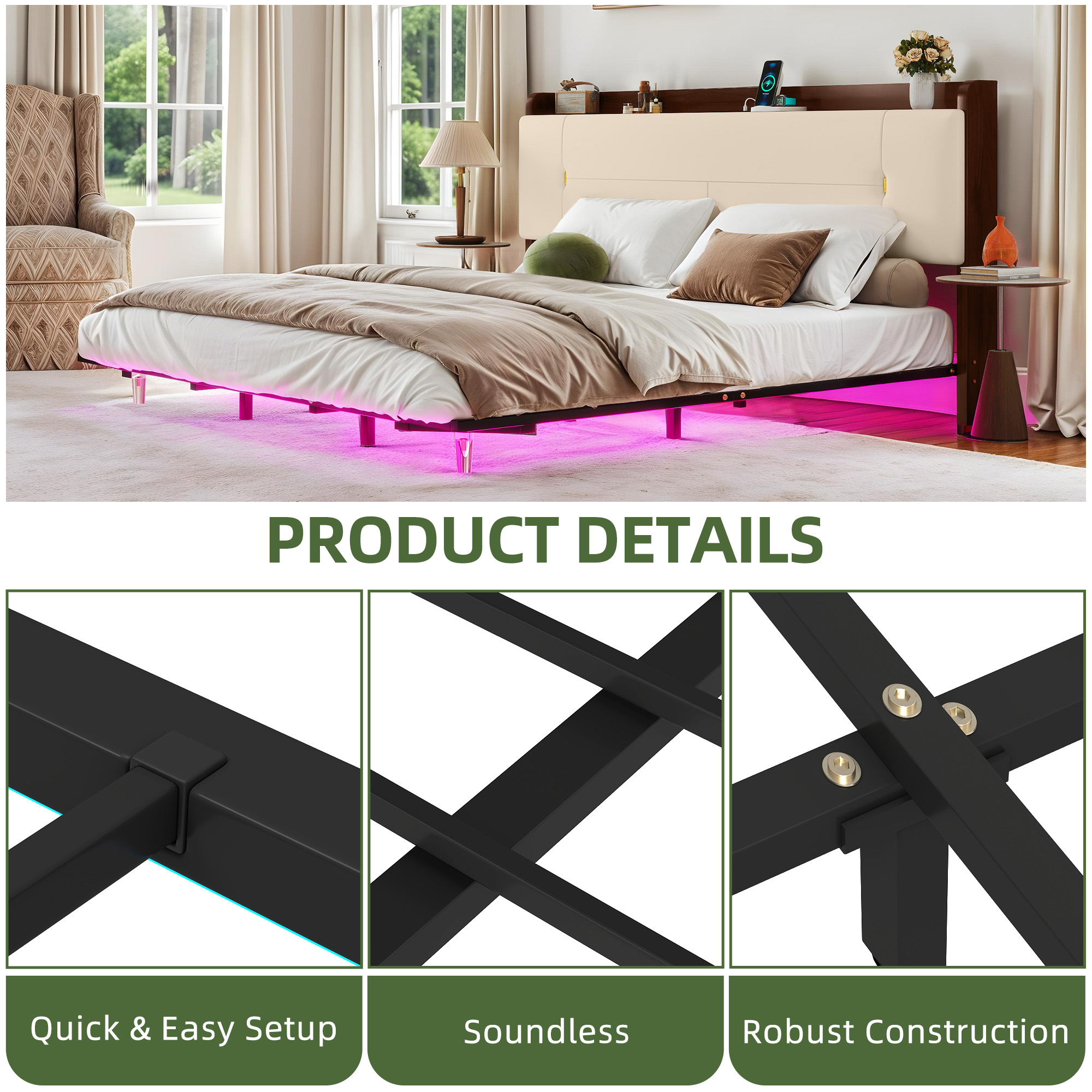 Uforic Beige King Bed Frame with LED Lighting, Contemporary Upholstered Platform Bed Frame, Floating Bed Frame with Charging Station, Box Spring Not Needed