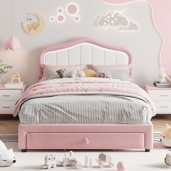 Pink Velvet LED Upholstered Full Size Platform Bed Frame Wooden Slat Support