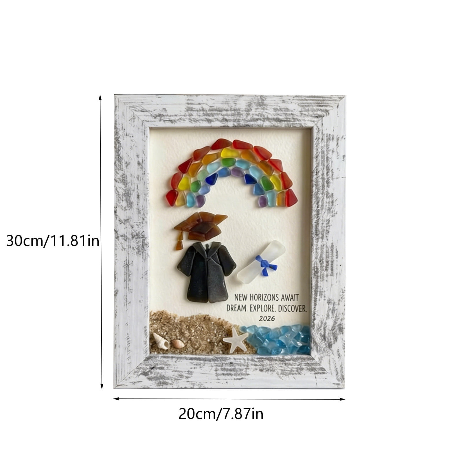 Tusihei 2Pcs Sea Glass Graduation Art, Graduation Keepsake Gift, Graduation Keepsakes Frame with Rainbow Turtle Cap Coastal Decor for Women Men Graduates