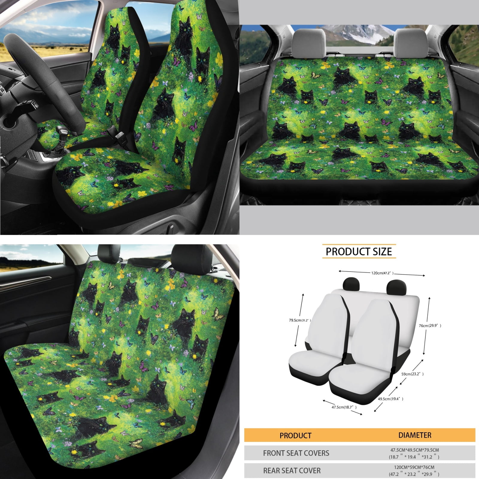 Yuyamidu Black Cat Front Rear Seat Covers for Cars Steering Wheel Cover Butterfly Seatbelt Shoulder Pad Auto Center Console Pad Cover Gear Shift Cover Hand Brake Cover Cup Holders, Set of 14, Green