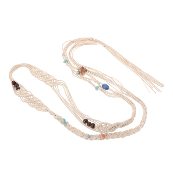 LOLIPPYY Boho Beige Cotton Rope Waist Belt with Beaded Tassel Design for Dress and Skirt Decor