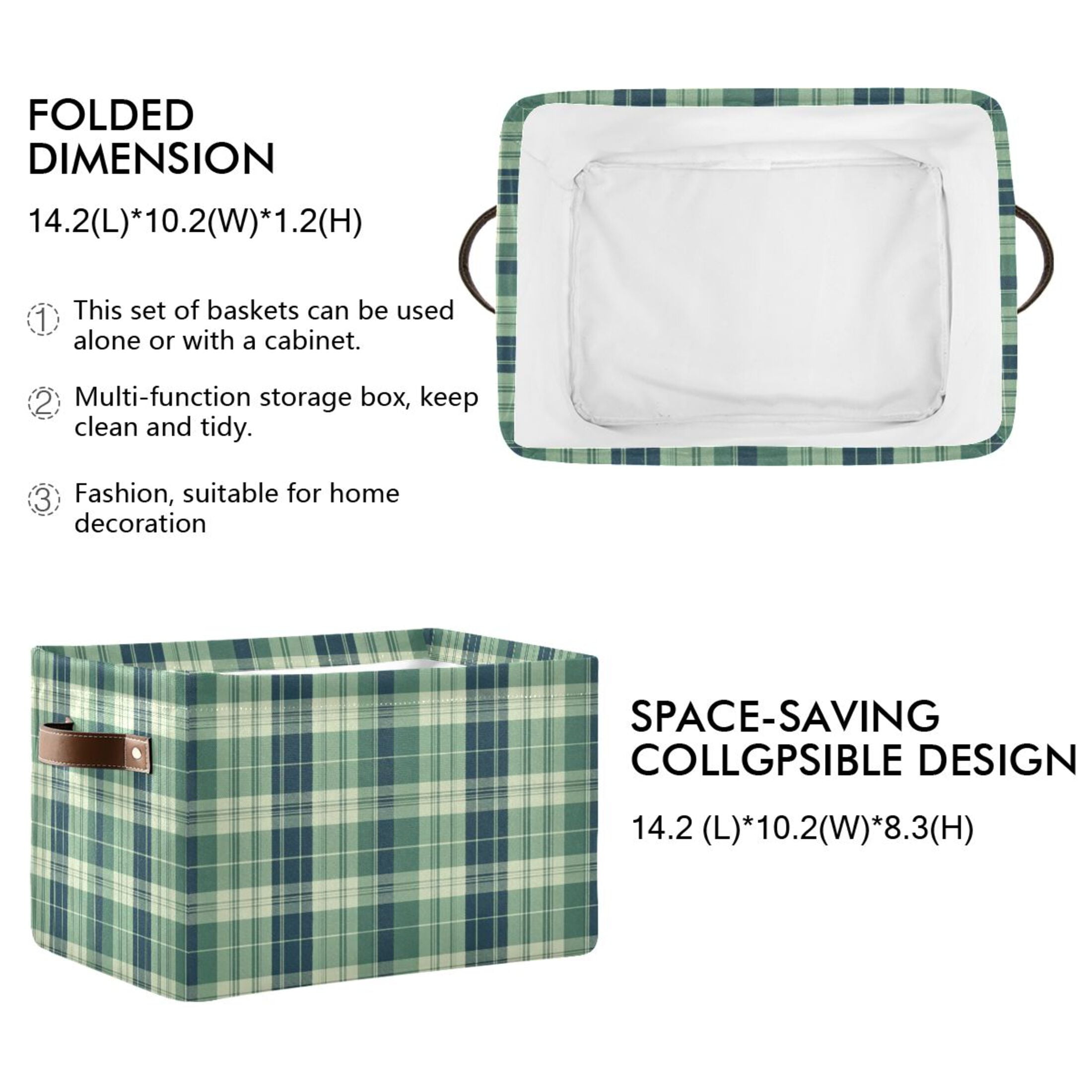 Green Tartan Pattern Foldable Storage Basket,Canvas Fabric Foldable Storage Bins with Handles Open Home Storage Bins Boxes for Toy Book Shelf Closet Baskets