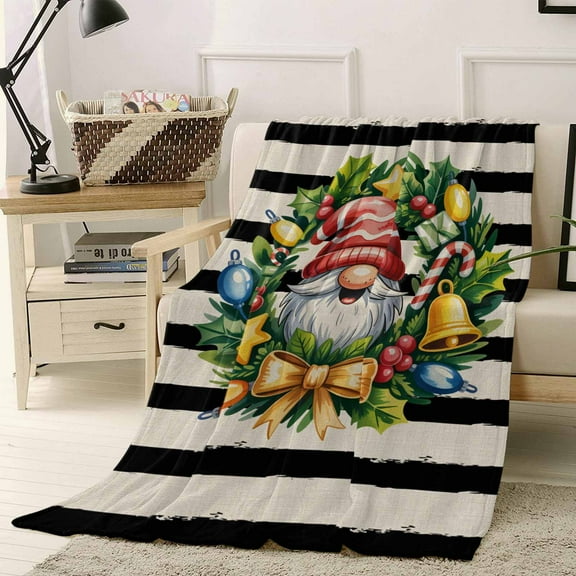Vintage Gnome Throw Flannel Blanket 40x50In Christmas Star Gift Black White Striped Super Soft Cozy Bed Blanket, Lightweight Plush Fuzzy Bed Throw for Bedroom Sofa Couch Living Room