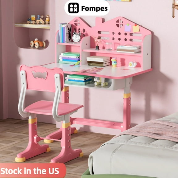 Fompes Kids Desk and Chair Set Height Adjustable School Study Desk and Chair with Storage Drawer Widened Desktop Bookstand for Boys Girls - Pink