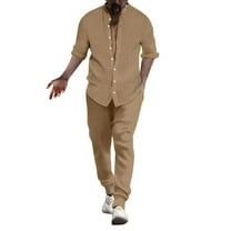 JIKNTTR Men 2 Piece Linen Outfit Men's Linen Shirt Sets Outfits Shirts Long Sleeve Loose Yoga Pants Beach Clothing Leisure Walking Outfits