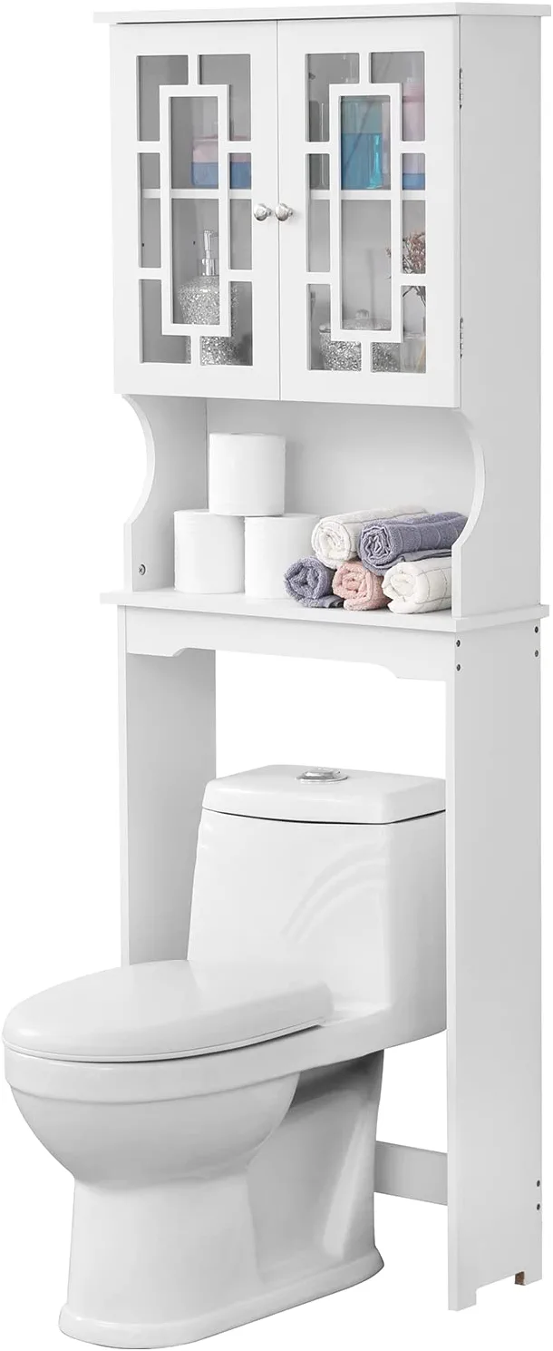 Erommy Over-The-Toilet Storage, Wooden Bathroom Organizer, with 2 Glass Doors & Adjustable Shelf for Bathroom, White