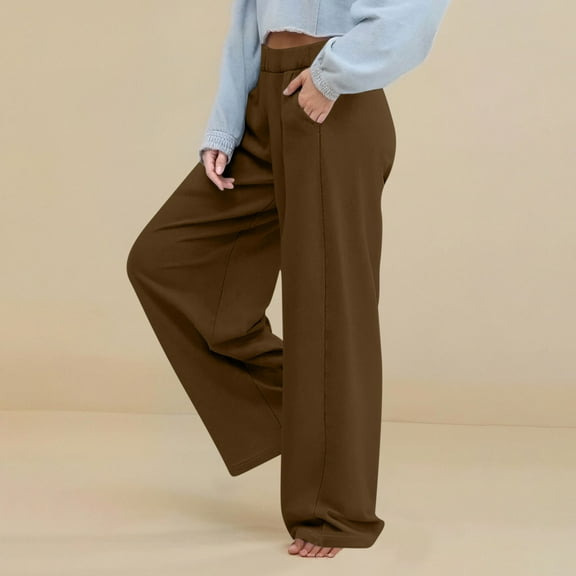 SYMOID Womens Wide-Leg Pants 100% Polyester Elastic Waist Side Pockets - Brown, Comfortable Casual for Travel Home Yoga,Size S