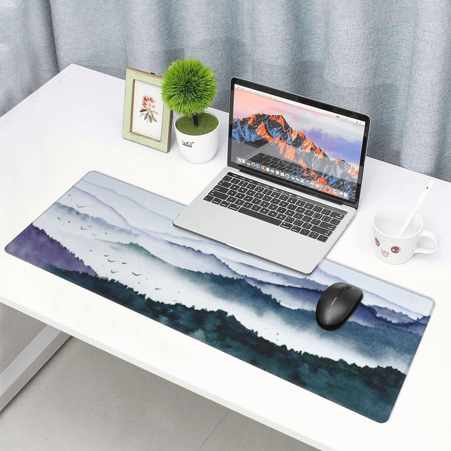 Forest Mountain Bird Fog Landscape Mouse Pad Long Extended XL Mousepad Desk Pad Gaming Pc Desktop Large Rubber Mice Pads Stitched Edges 31.5'' X 11.8''