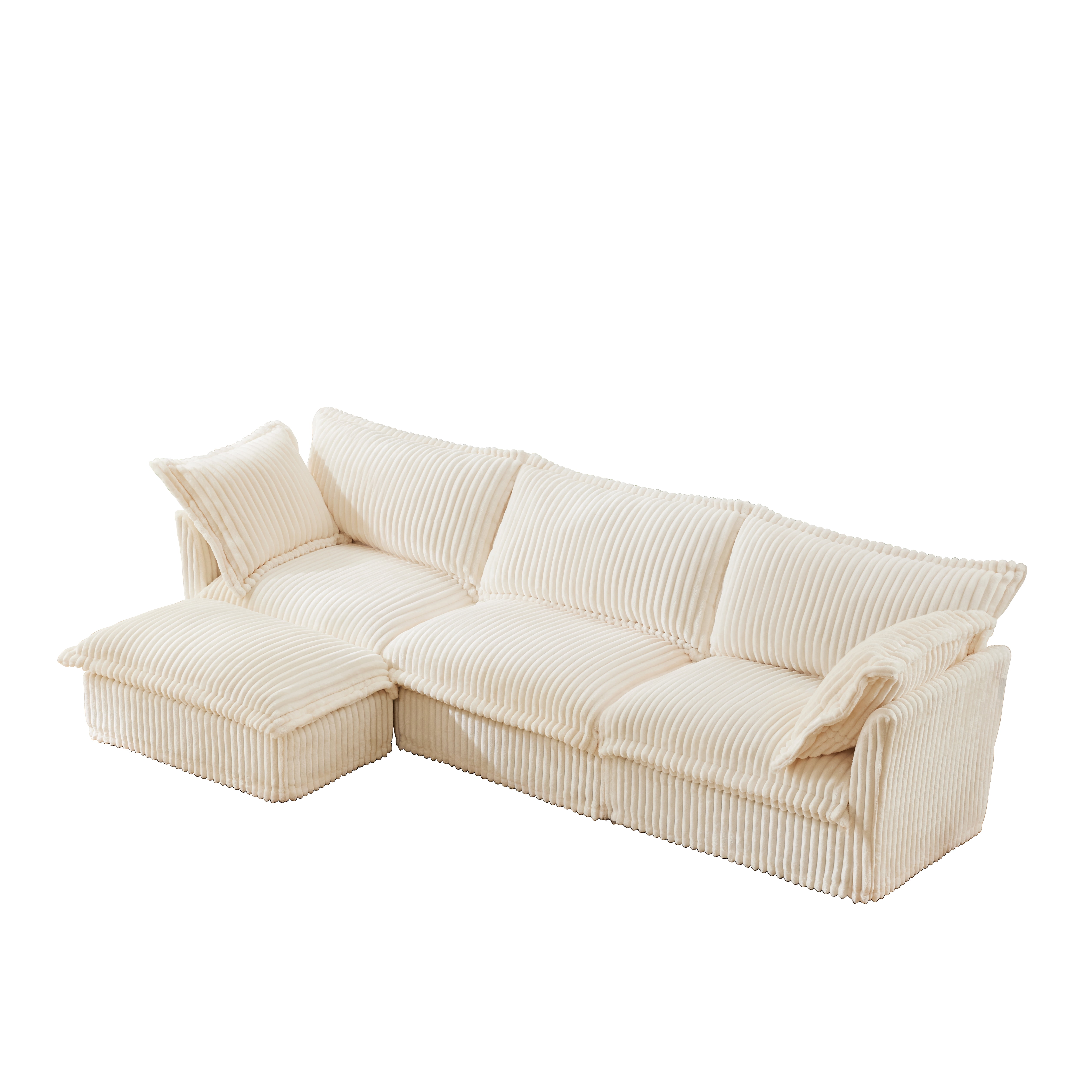 Gewnee Deep Seat Modern 3 Seater Sectional Sofa Couch With Ottoman,L Shape Cream Corduroy Fabric Comfy Couch for Living Room
