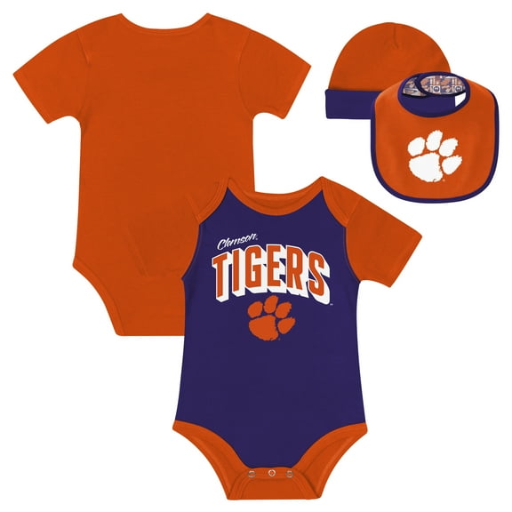 Newborn & Infant Clemson Tigers Dynamic Duo Bodysuit, Bib & Cuffed Knit Hat Set