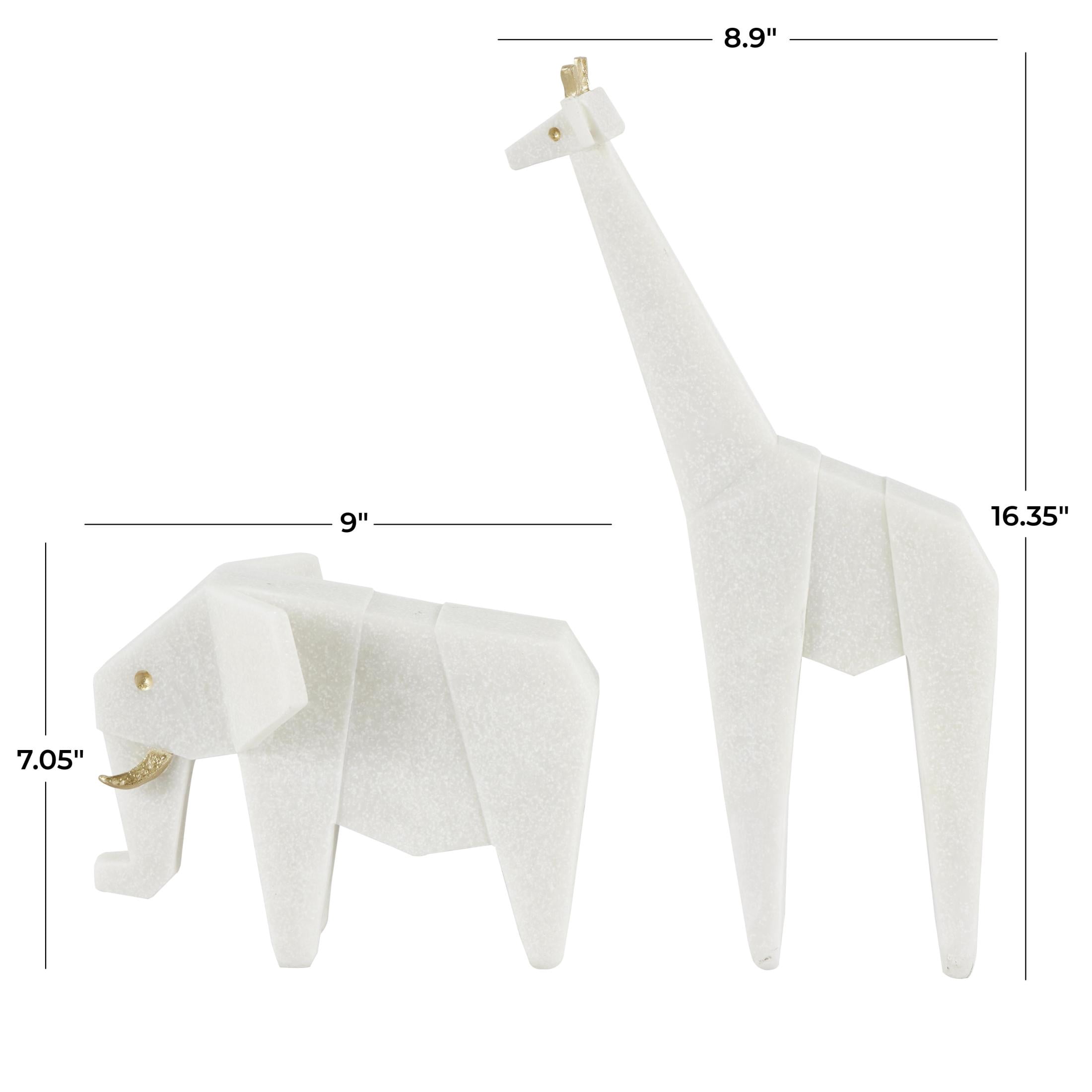 7", 16"H White Polystone Cubist Inspired Elephant, Giraffe Sculpture with Gold Accents, by DecMode (2 Count)