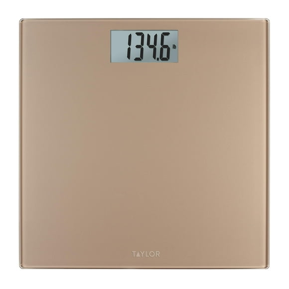 Báscula digital Taylor para peso corporal, alta precisión, capacidad de 400 lb, plataforma de vidrio resistente de 11.8 x 11.8 pulgadas, pantalla fácil de leer de 3.2 x 1.5 pulgadas, color champán