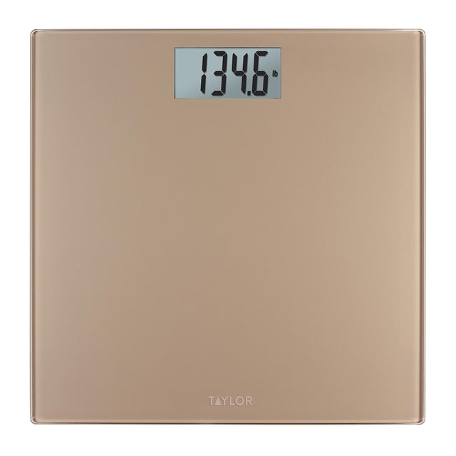 Báscula digital Taylor para peso corporal, alta precisión, capacidad de 400 lb, plataforma de vidrio resistente de 11.8 x 11.8 pulgadas, pantalla fácil de leer de 3.2 x 1.5 pulgadas, color champán