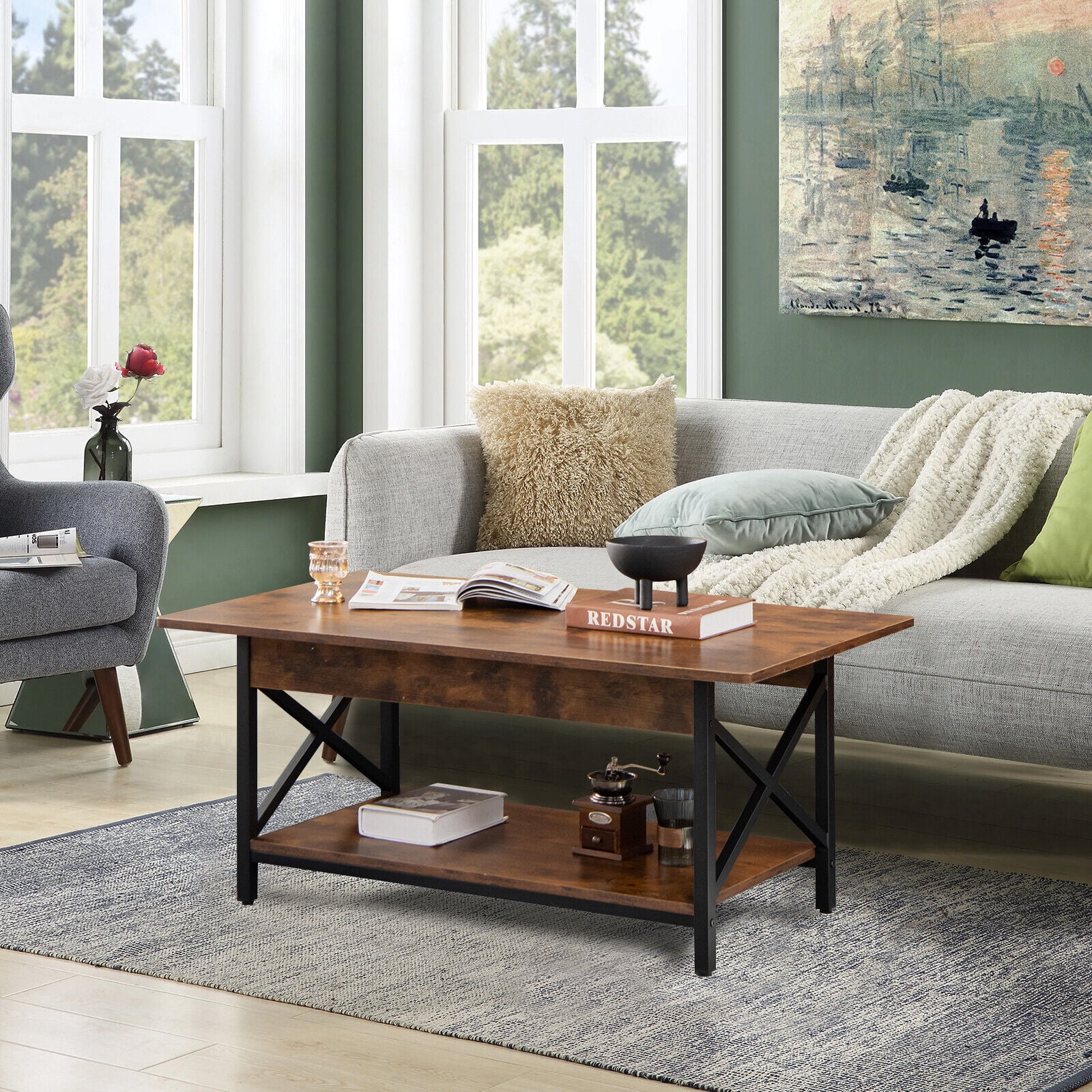 Gymax Coffee Table Industrial 2-Tier w/ Storage Shelf &Storage Shelf for Living Room Rustic Brown
