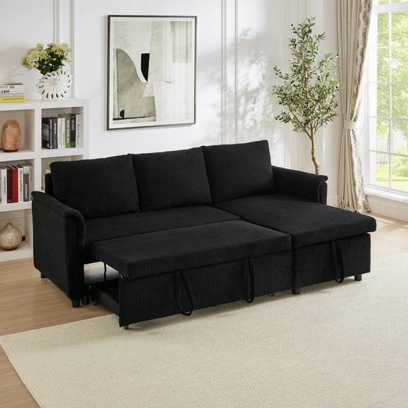 Loveseat Sofa with Chaise Lounge L-Shaped Modular Convertible Sofa with Storage Chaise, Corduroy Tufted Upholstered Sleeper Sectional Sofa,Pull Out Sleep Couch Bed and Reclining Backrest-Black