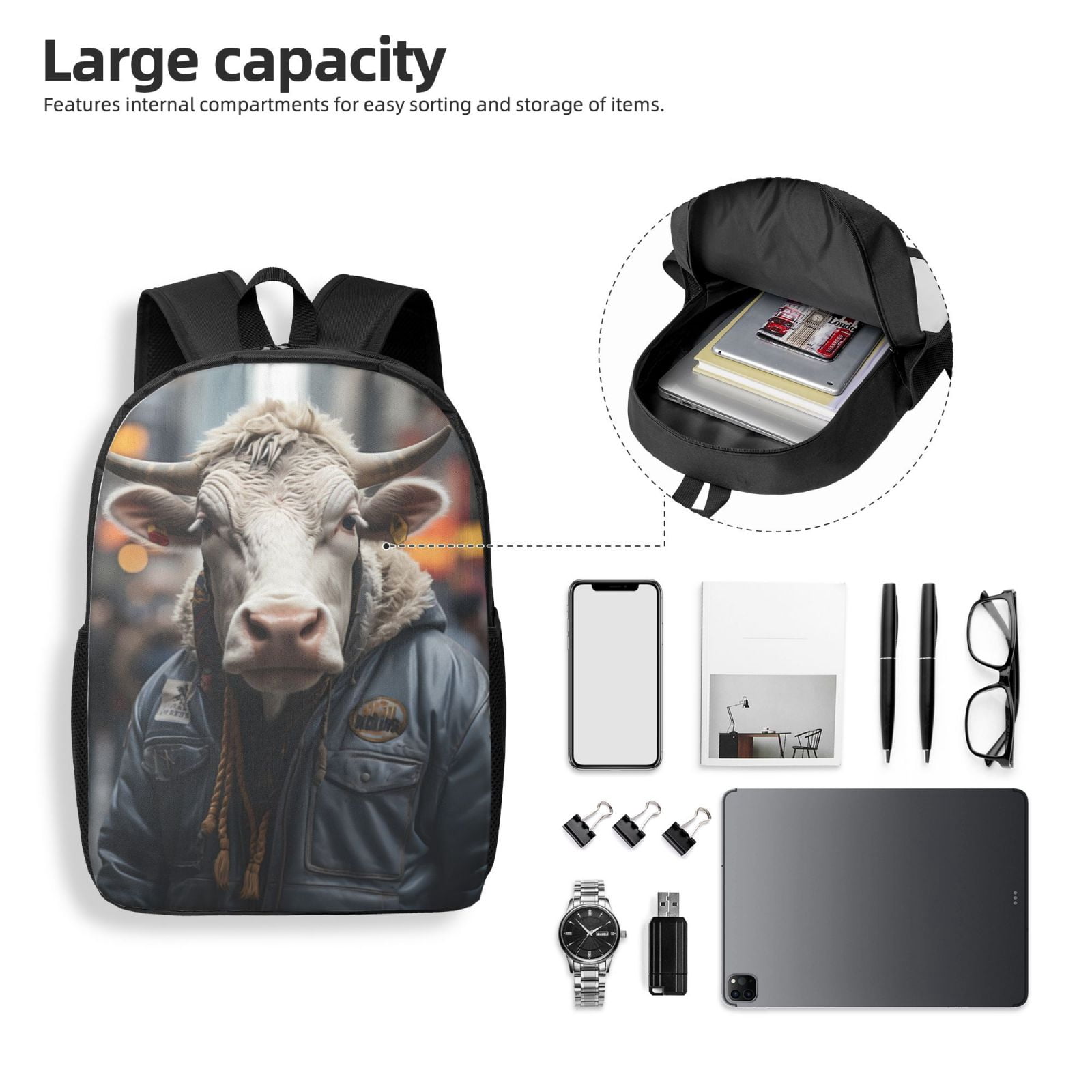 Xecao Surrealist Cow print Travel Backpack, Large Computer Backpack for Men Women, College School Rucksack Book Bag