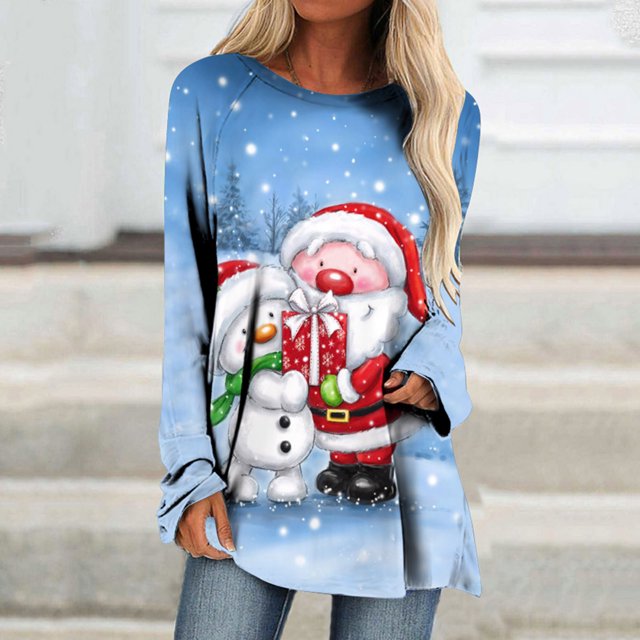 Pntutb Mujeres Mangas Largas Camisas Casuales Impresión de Navidad Cuello Redondo Pullover Túnica tops Pntutb Pntutb-499