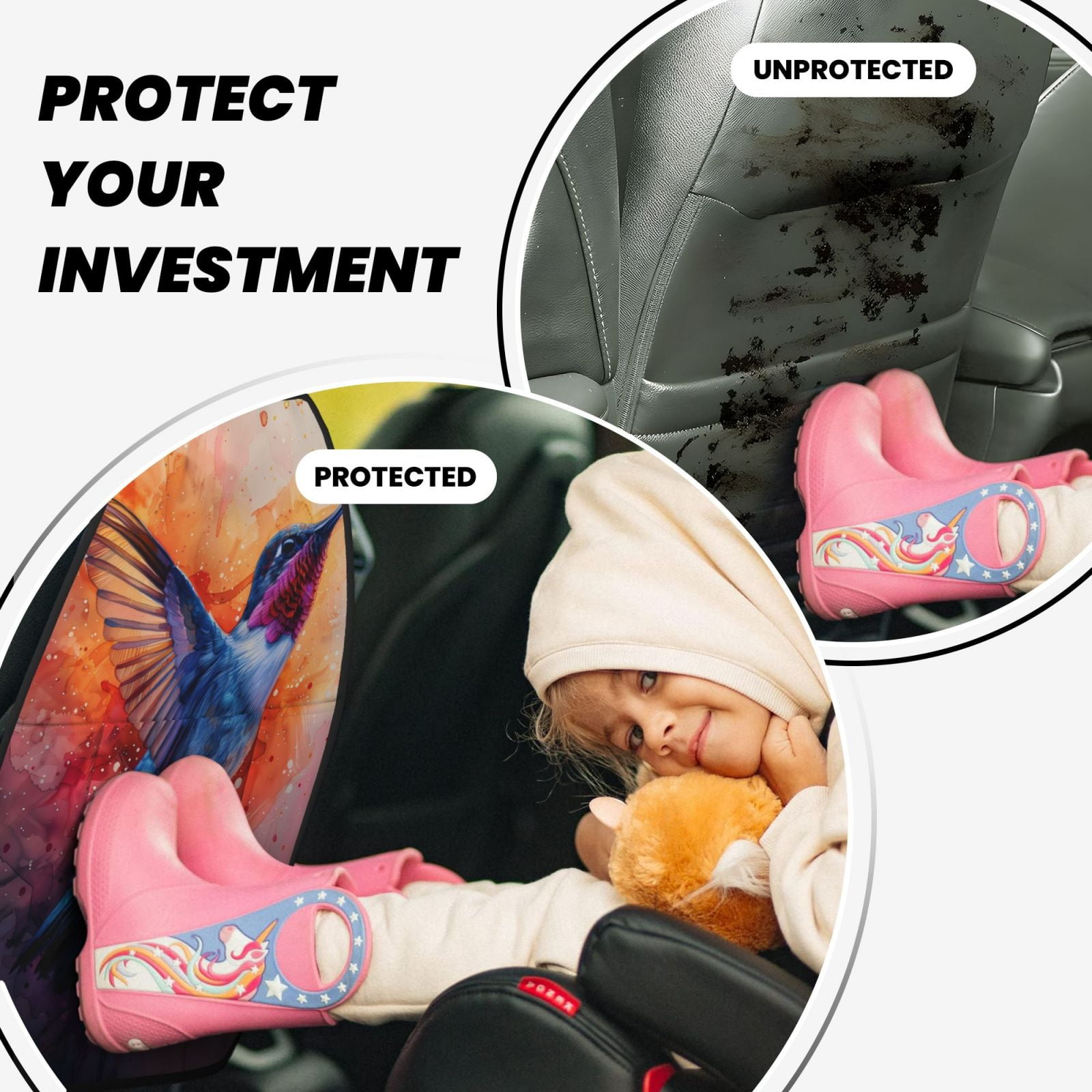 Kdxio Vibrant Hummingbird Watercolor Art Print 2 Pack Car Kick Mat Seat Cover Back Protector Mat with Pockets for Organizer Backseat Protector and Storage Anti Kick Pad for Vehicles