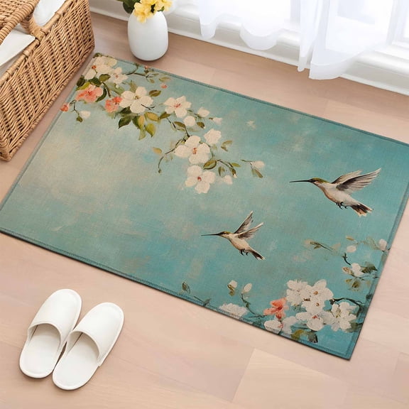 2x3 Ft Entryway Area Rug, Bird Flowers Kitchen Rug Runner Washable Floor Mat, Watercolor Pastoral Spring Botanical Plants Non Slip Indoor Door Mat Throw Carpet for Bathroom Living Room Bedroom