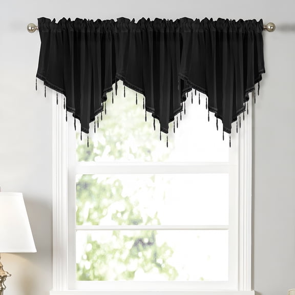 AUQ Lace Valance Swag Curtain 51 Inch Scalloped Sheer Curtain Panels with Crystal Beads - Rod Pocket Farmhouse Window Treatment for Kitchen Bedroom 1Pc Boho Chic Drape Decor Black