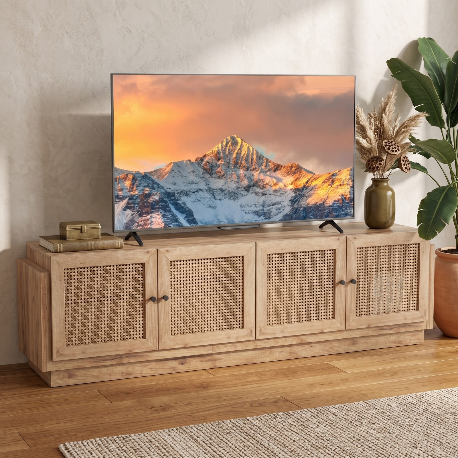 Furnibear Farmhouse TV Stand for TVs up to 75 Inches, 70 Inch Entertainment Center with PE Rattan Cabinet Doors and Adjustable Shelves, Rattan Media Console for, Oak