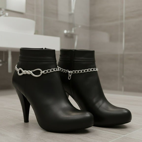 2PCS Women Boot Chain Bracelet Set – Twisted Infinity Barb Wire Anklet Jewelry, Silver Metal Shoe Accessories Punk Goth Western Biker Fashion BC1