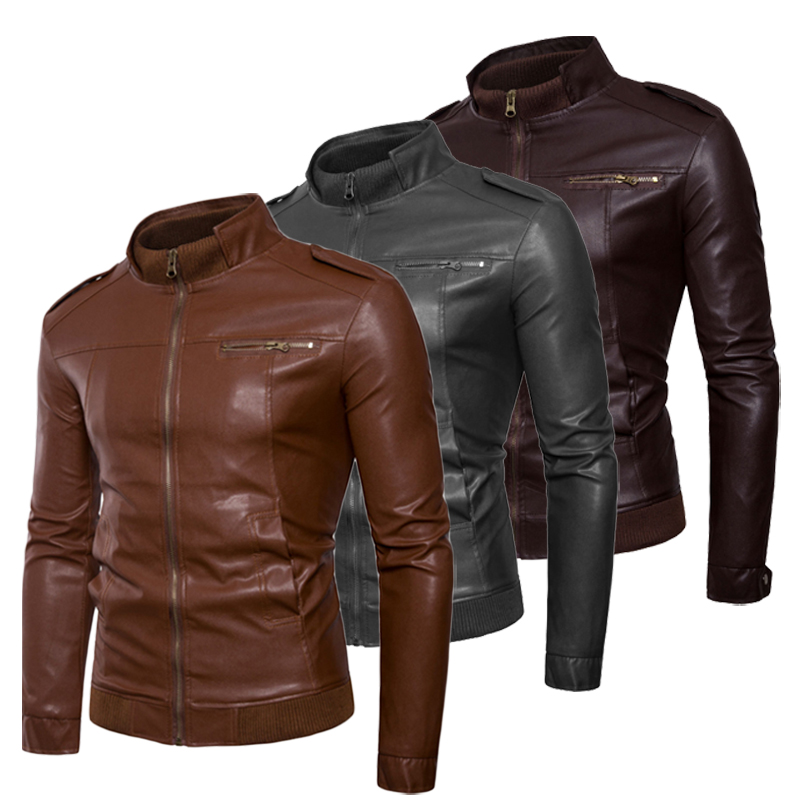 Men's Leather Jacket Black Zipper Stand Collar Slim fit Motorcycle jacket 2019 Autumn Wintter New Jacket Coat - image 4 of 5