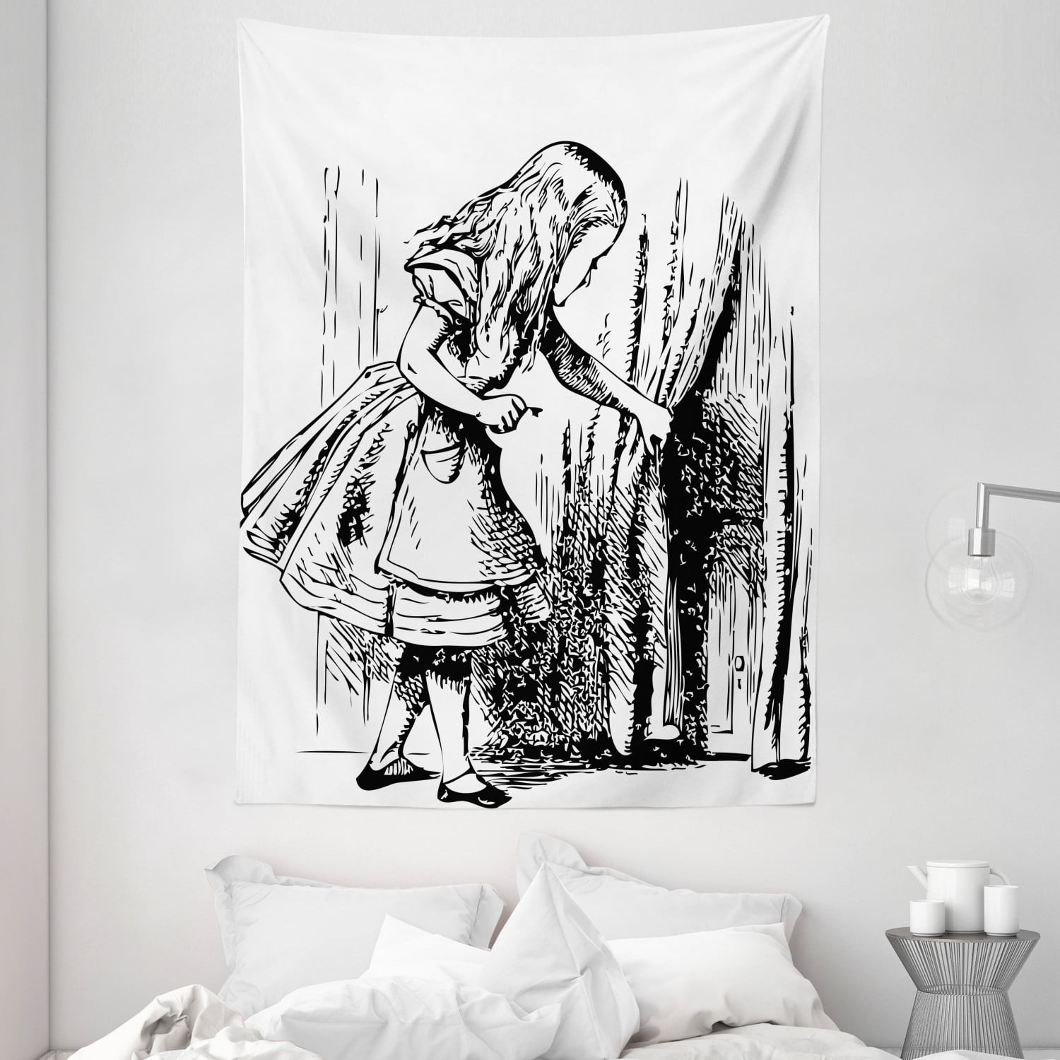 60 X 80 Black White Wall Hanging for Bedroom Living Room Dorm Decor Black and White Alice Looking Through Curtains Hidden Door Adventure Ambesonne Alice in Wonderland Tapestry