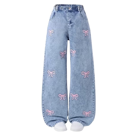 Plus Size Jeans Pull on Girl's Loose Casual Jeans Elastic Waist Straight Wide Leg Denim Pants Kids Clothes, 4-14 Years