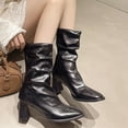 thumbnail image 5 of Women's Pleated Mid-Calf Boots Solid Color Chunky Heel Pointed Toe Back Zipper Casual Stylish Footwear for Winter, 5 of 7