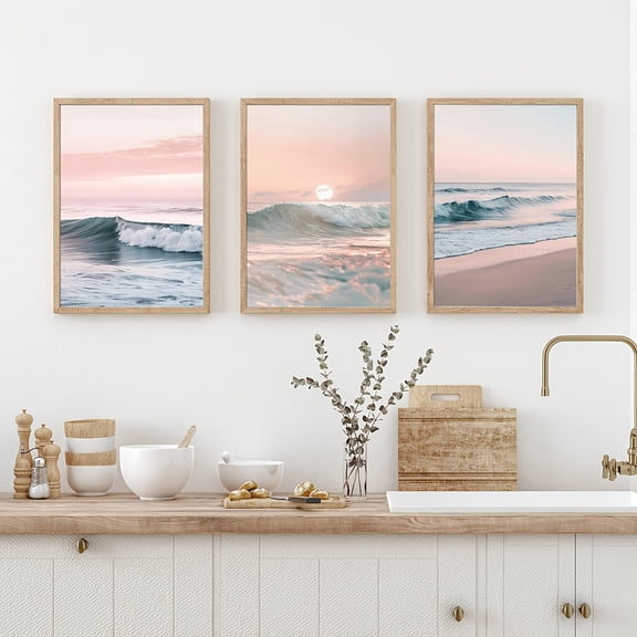 Set of 3 Sunrise Shoreline Wall Art Decor Pictures, Soft Pink Sunset Wave Photography Art Print, Coastal Home Decor, Living Room Art Decor, Modern Home Wall Art Decor, Ideal Home Gift Idea, Unframed